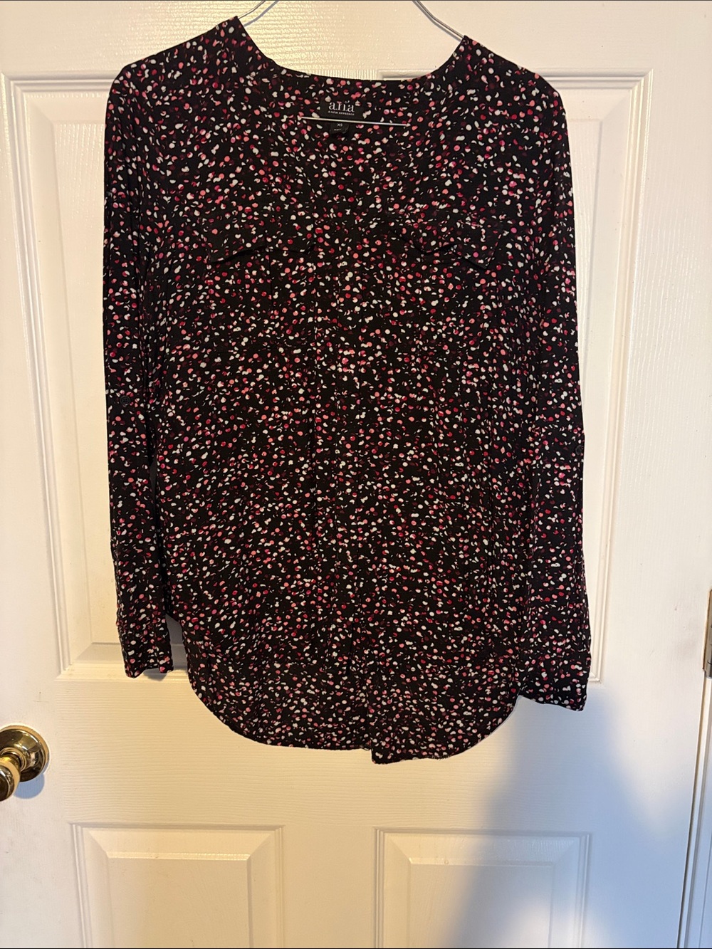 a.n.a Black Long-Sleeve blouse with Pink and White Floral Dots